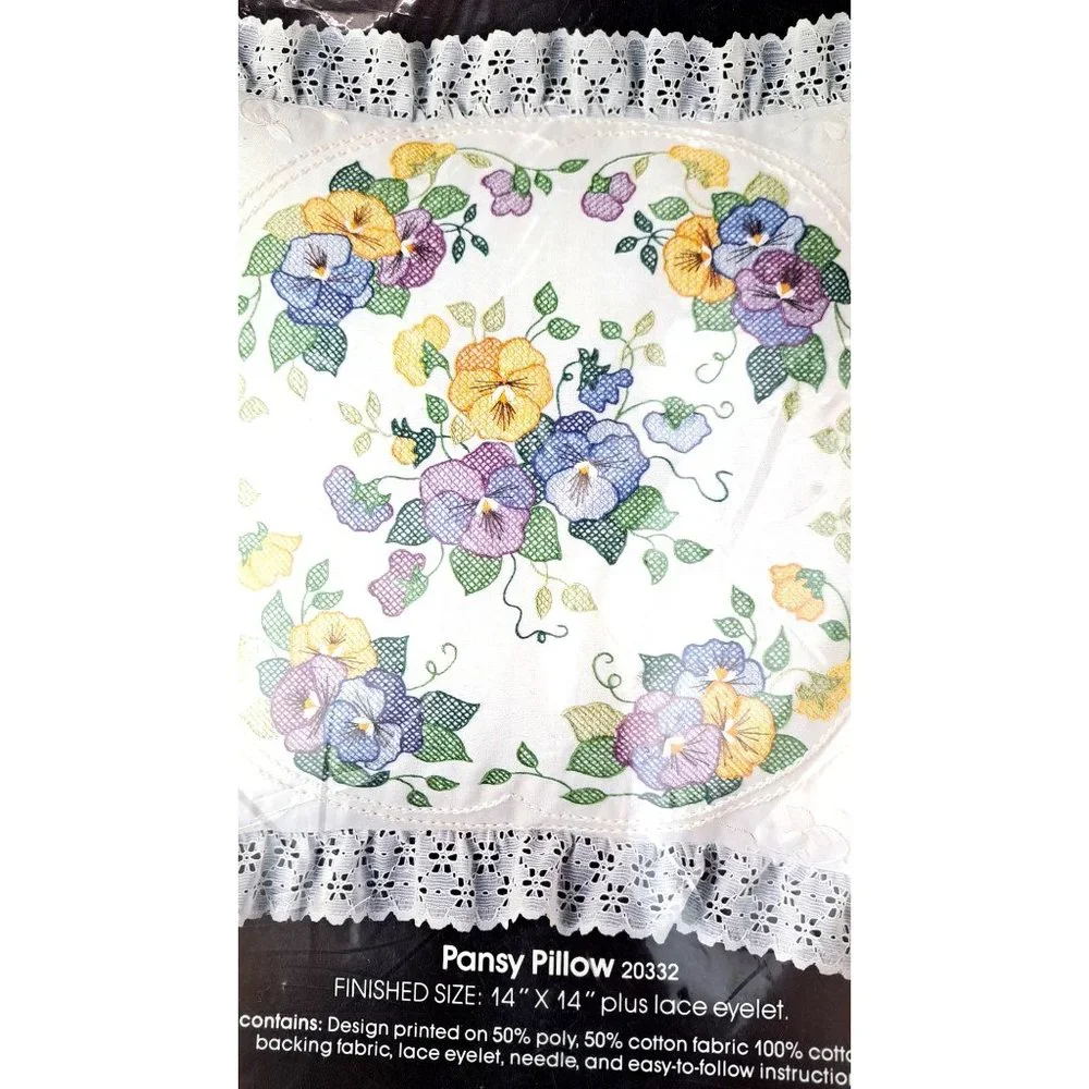Vintage Stamped Cross Stitch Pillow Kit Pansy Golden Bee Lace 20332 Flower Craft